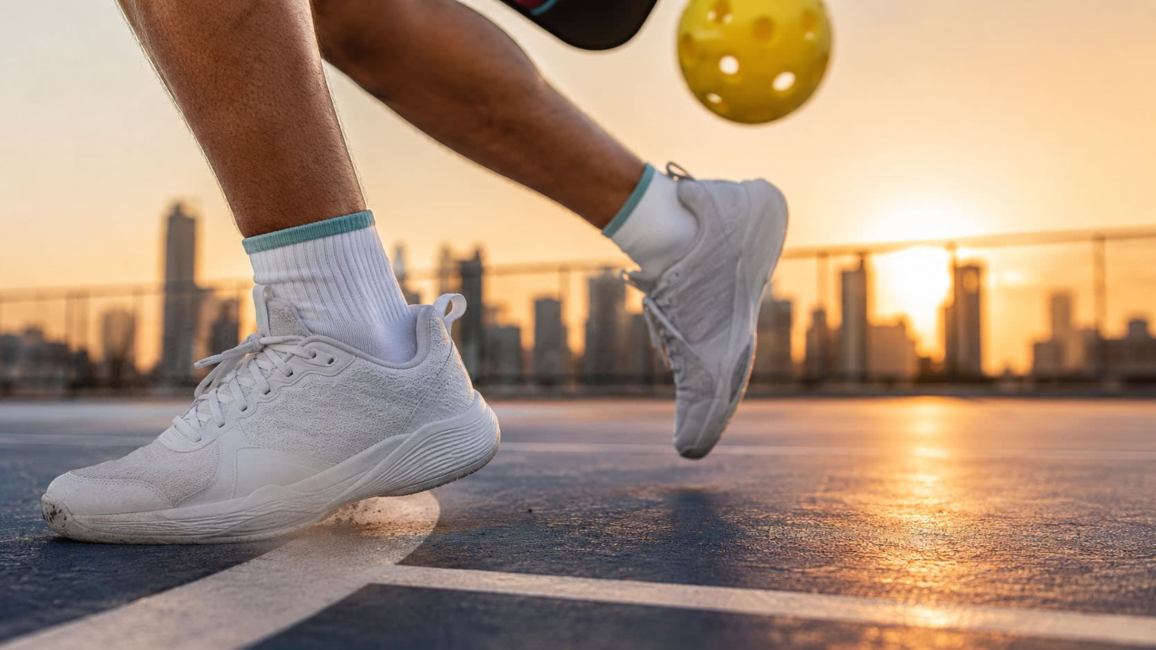 Pickleball player's feet in motion on a rooftop court at sunset