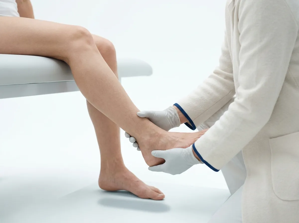 A podiatrist assessing a patient's lower-limb alignment, hands supporting the ankle and heel