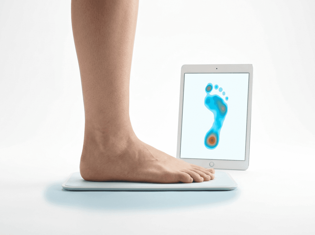 A patient's foot on a pressure-sensing plate beside a tablet displaying the colour pressure map